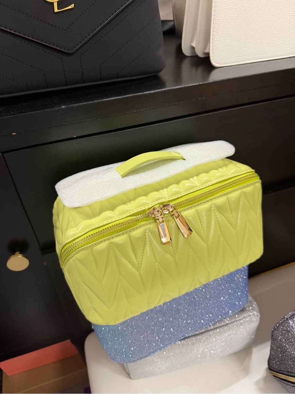 Leather Quilted Lime Cosmetic Case with Top Handle and Gold Hardware